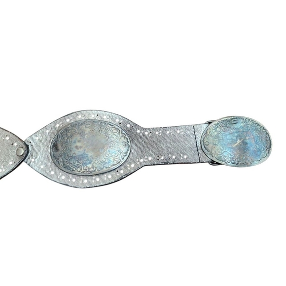 Vintage Avignon Silver Leather Embellished Metalwork Wide Belt size L Bohemian - Picture 6 of 15